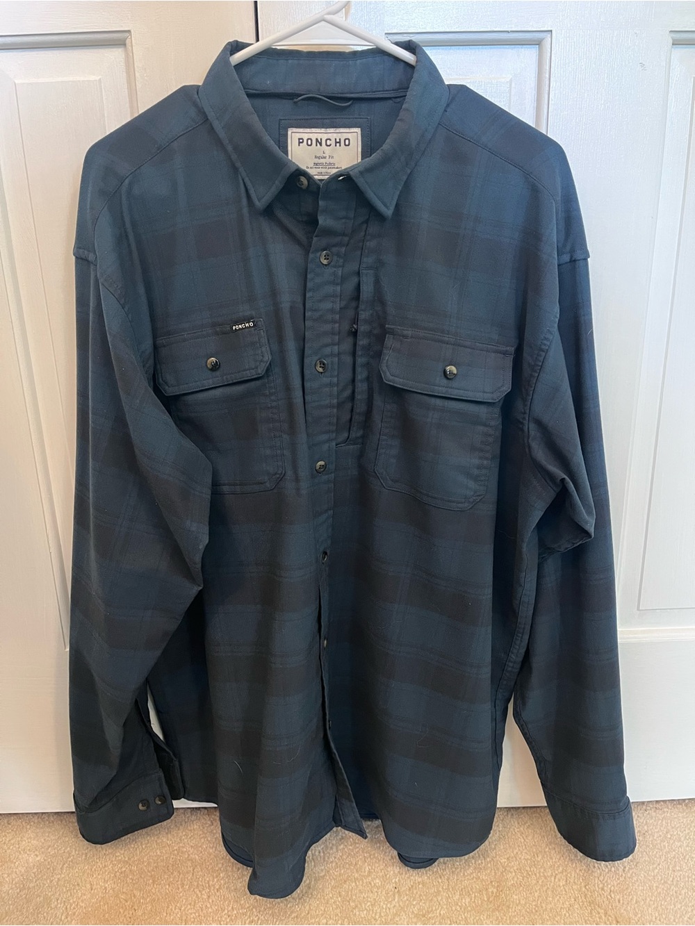 Poncho Men's Dark Blue Plaid Button-Down Flannel